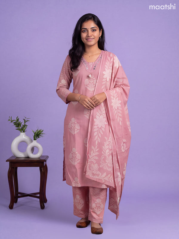 Pink Cotton Printed Straight Suit
