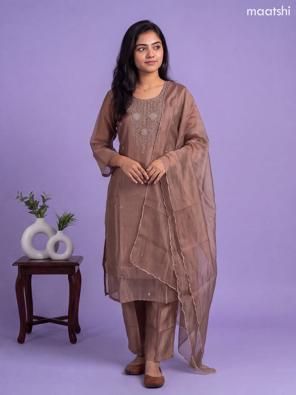 Pastel Brown Tissue Embroidery Work Straight Suit