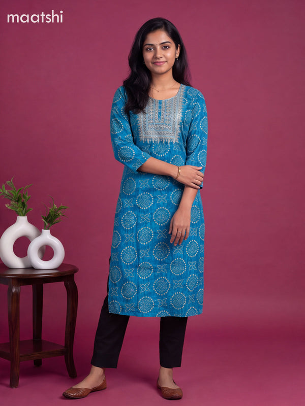 Blue Cotton Embroidery Work Straight Kurti