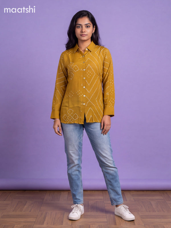 Mustard Yellow Crepe Silk With Bandhani Printed Women Shirt