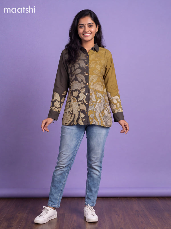 Elephant Grey and Mehandi Green Crepe Silk Printed Women Shirt