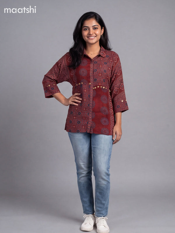 Maroon Crepe Silk Ajrakh Printed Women Shirt