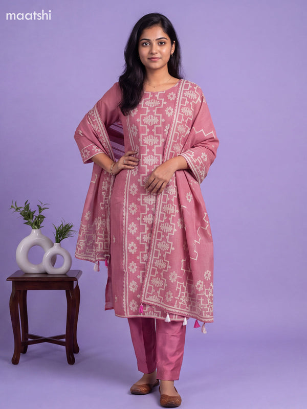 Mauve Pink Tissue Embroidery Work Straight Suit