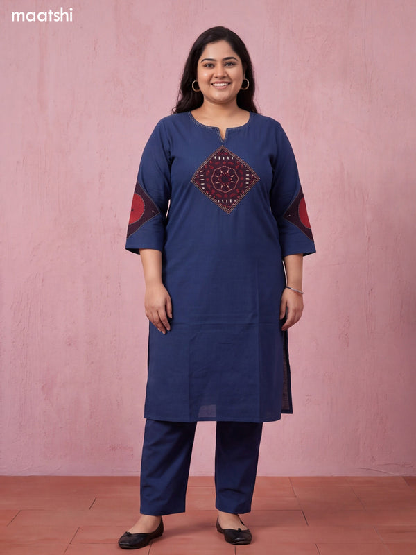 Peacock Blue Cotton Embroidery Work Kurti Set