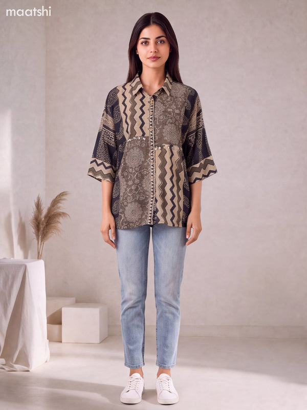Biege and Sap Green Mul Chanderi Printed Women Shirt