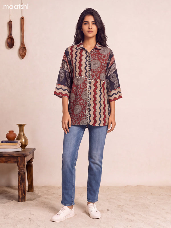 Biege and Maroon Mul Chanderi Printed Women Shirt