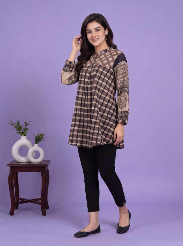 Brown and Biege Mul Chanderi Geometric Printed Women Shirt