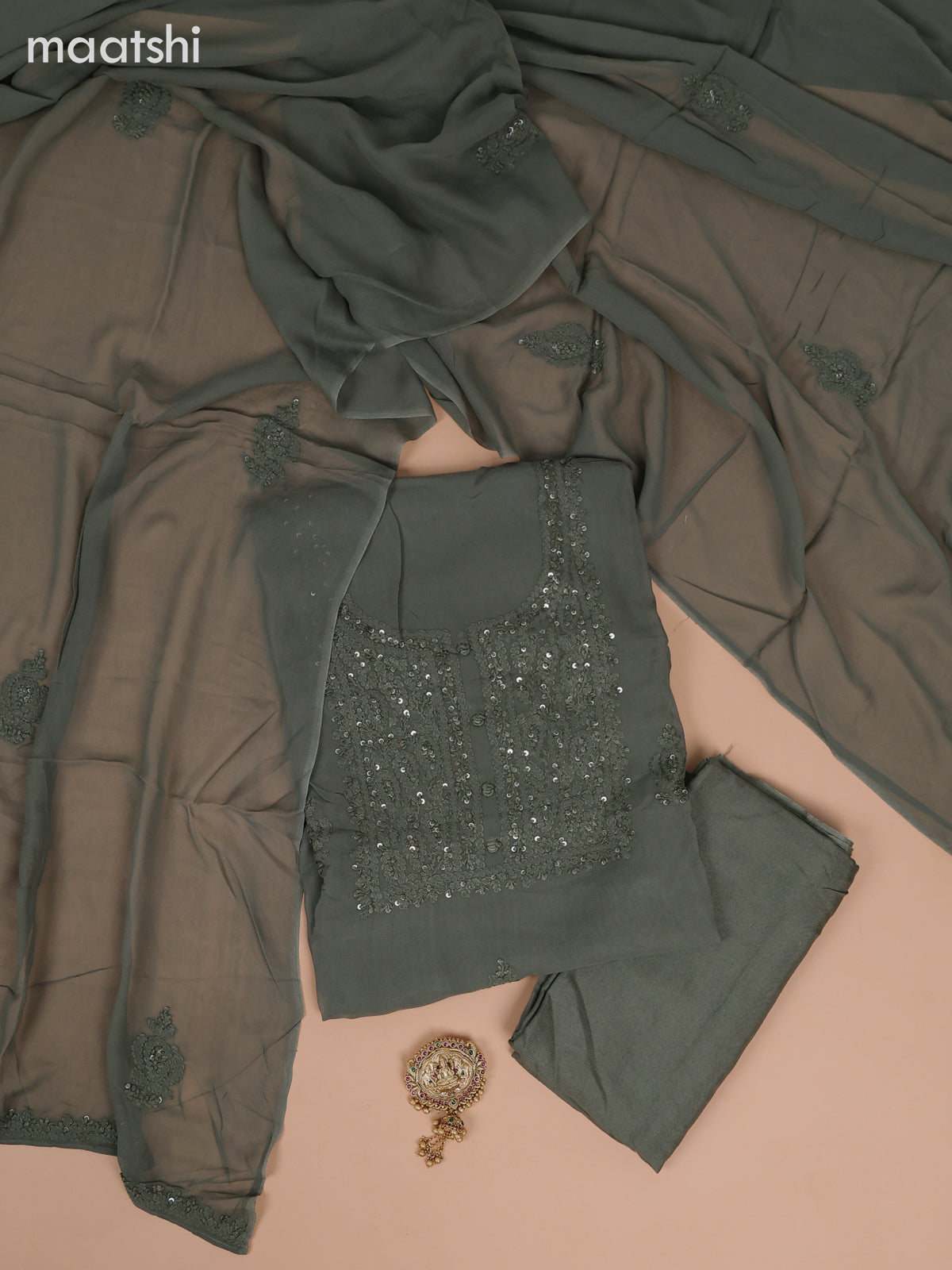 Georgette dress material sap green with sequin & embroidery work neck pattern and bottom & dupatta