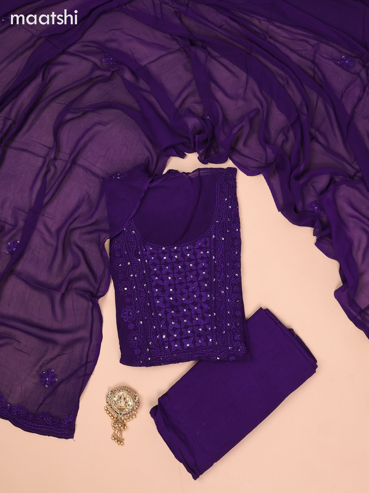 Georgette dress material violet with sequin & embroidery work neck pattern and bottom & dupatta