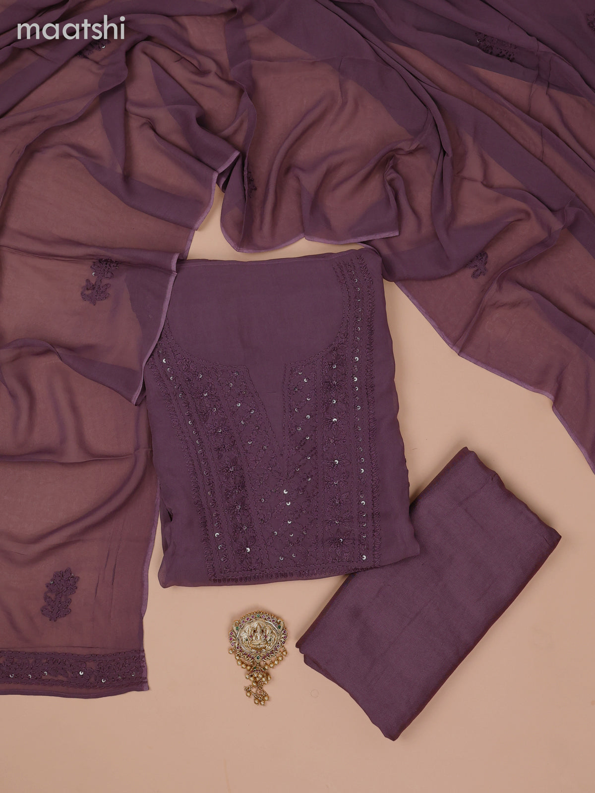 Georgette dress material dark brown with sequin & embroidery work neck pattern and bottom & dupatta