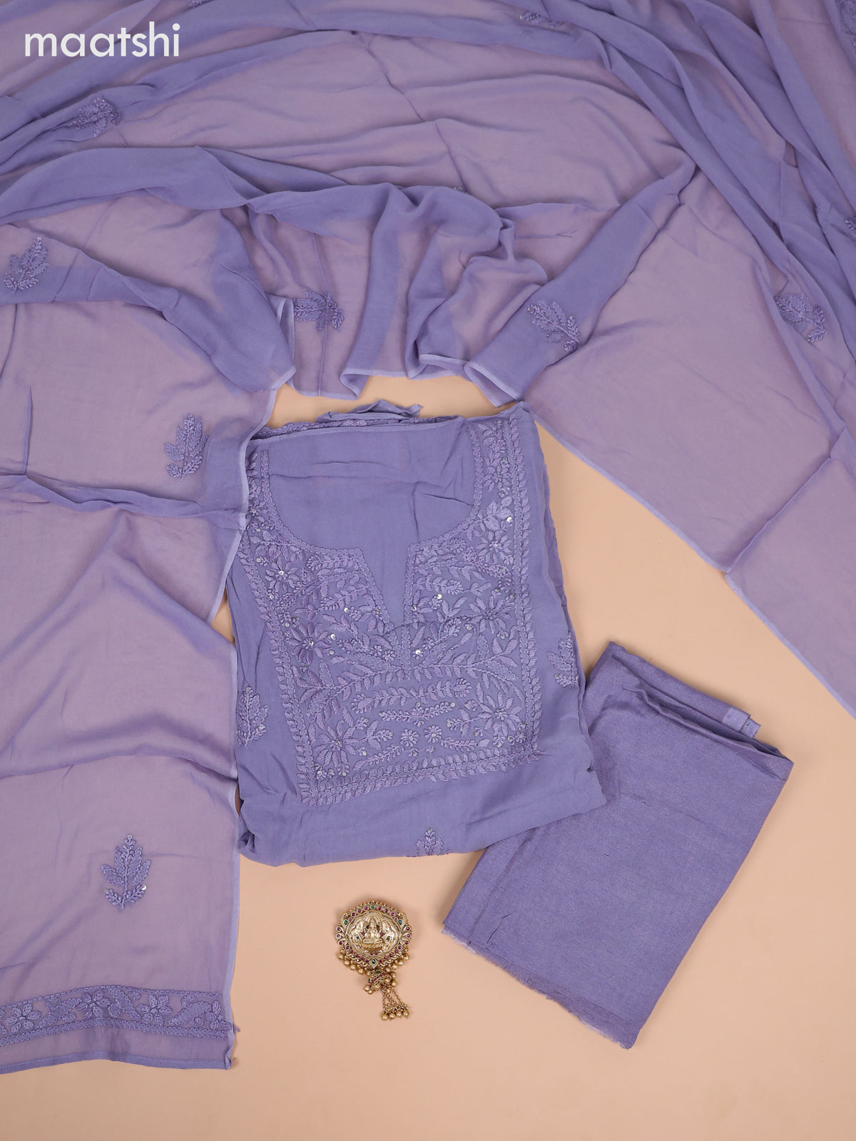 Georgette dress material purple grey with sequin & embroidery work neck pattern and bottom & dupatta