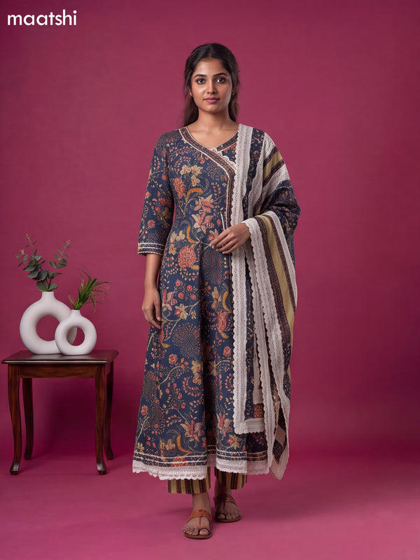 Blue Cotton Kalamkari Printed & Embroidery Work Anarkali Suit