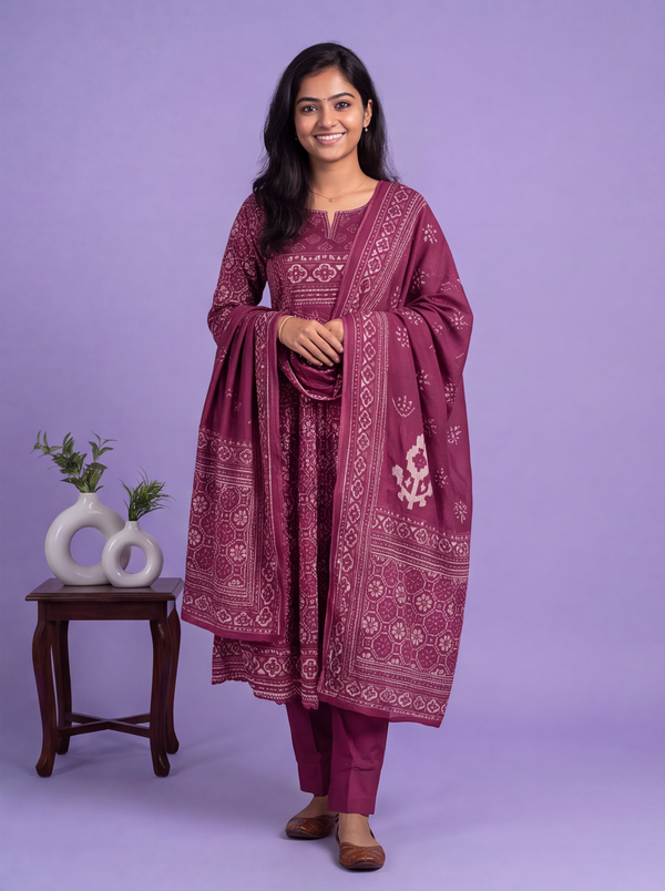 Magenta Pink Cotton Patola Printed & Simple Embroidery Work Anarkali Suit
