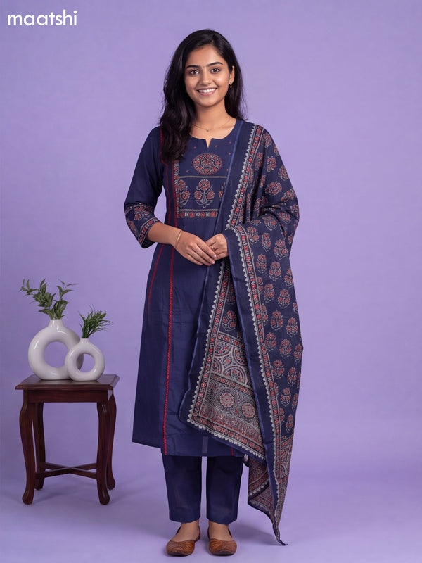 Navy Blue Cotton Printed & Simple Embroidery Work A-Line Suit