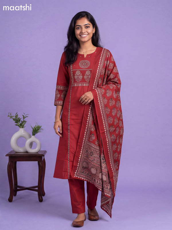 Maroon Cotton Printed & Simple Embroidery Work A-Line Suit