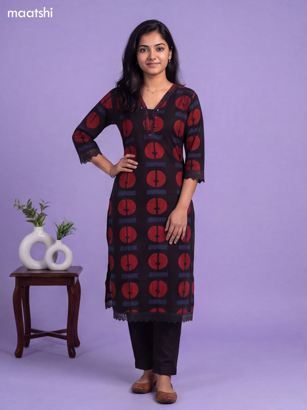Black Cotton Printed & Simple Embroidery Work Neck Pattern Kurti