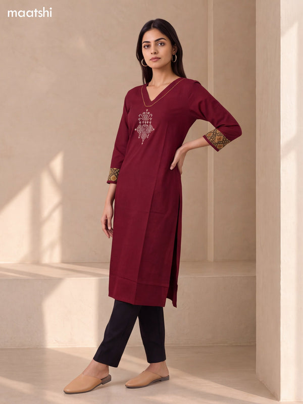 Maroon Cotton Embroidery Work Straight Kurti