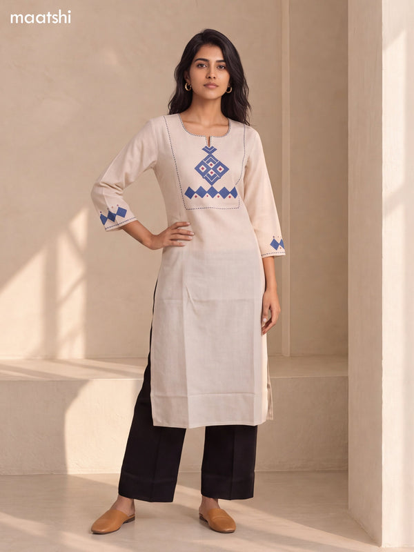 Biege and Blue Cotton Embroidery Work Straight Kurti