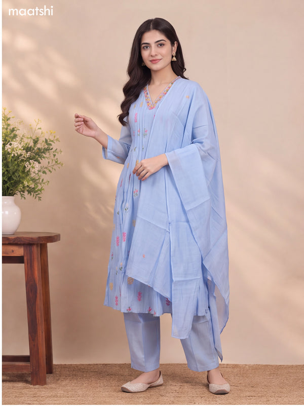 Pale Blue Mul Chanderi Embroidery Work Anarkali Suit