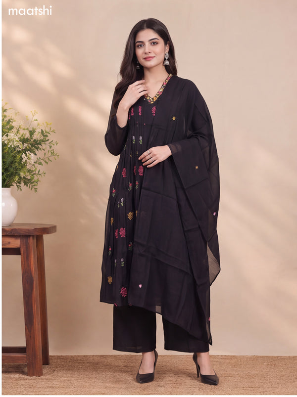 Black Mul Chanderi Embroidery Work Anarkali Suit