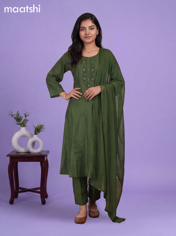 Sap Green Modal Embroidery Work A-Line Suit