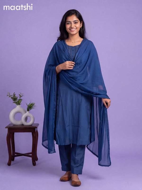 Navy Blue Modal Embroidery Work A-Line Suit