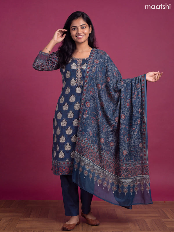 Navy Blue Crepe Silk Printed Straight Suit