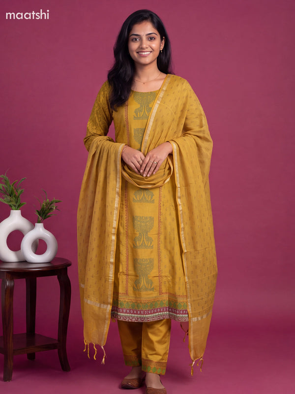 Mustard Yellow Art Tussar Printed Anarkali Suit