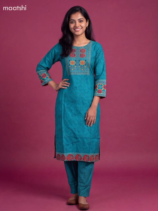 Teal Blue Art Tussar Printed & Embroidery Work Straight Suit