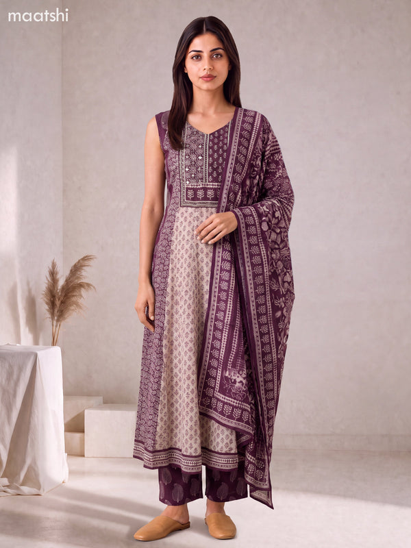 Deep Purple and Biege Crepe Silk Printed & Embroidery Work Anarkali Suit