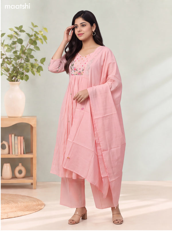Baby Pink Mul Chanderi Embroidery Work Anarkali Suit