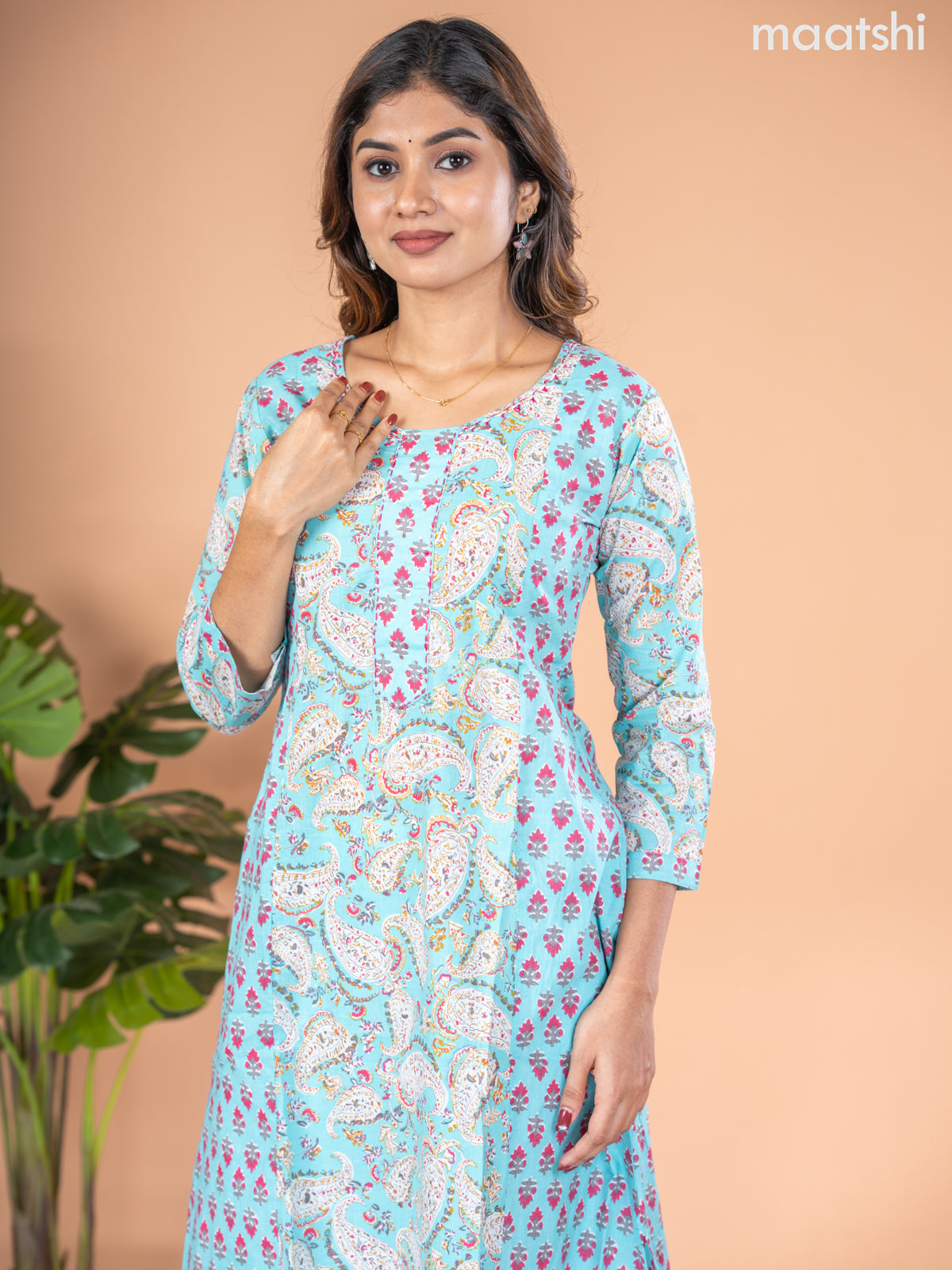 Cotton A-line kurti light blue and off white with allover paisley prints & kantha stitch work neck pattern without pant