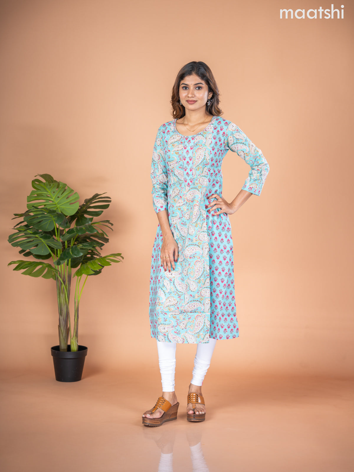 Cotton A-line kurti light blue and off white with allover paisley prints & kantha stitch work neck pattern without pant