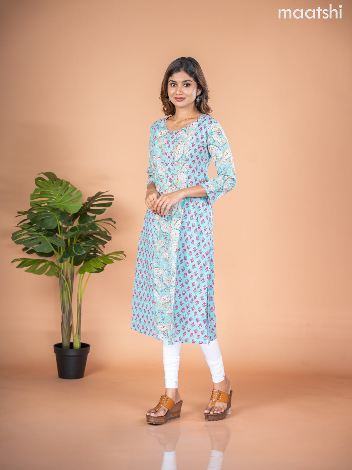 Cotton A-line kurti light blue and off white with allover paisley prints & kantha stitch work neck pattern without pant
