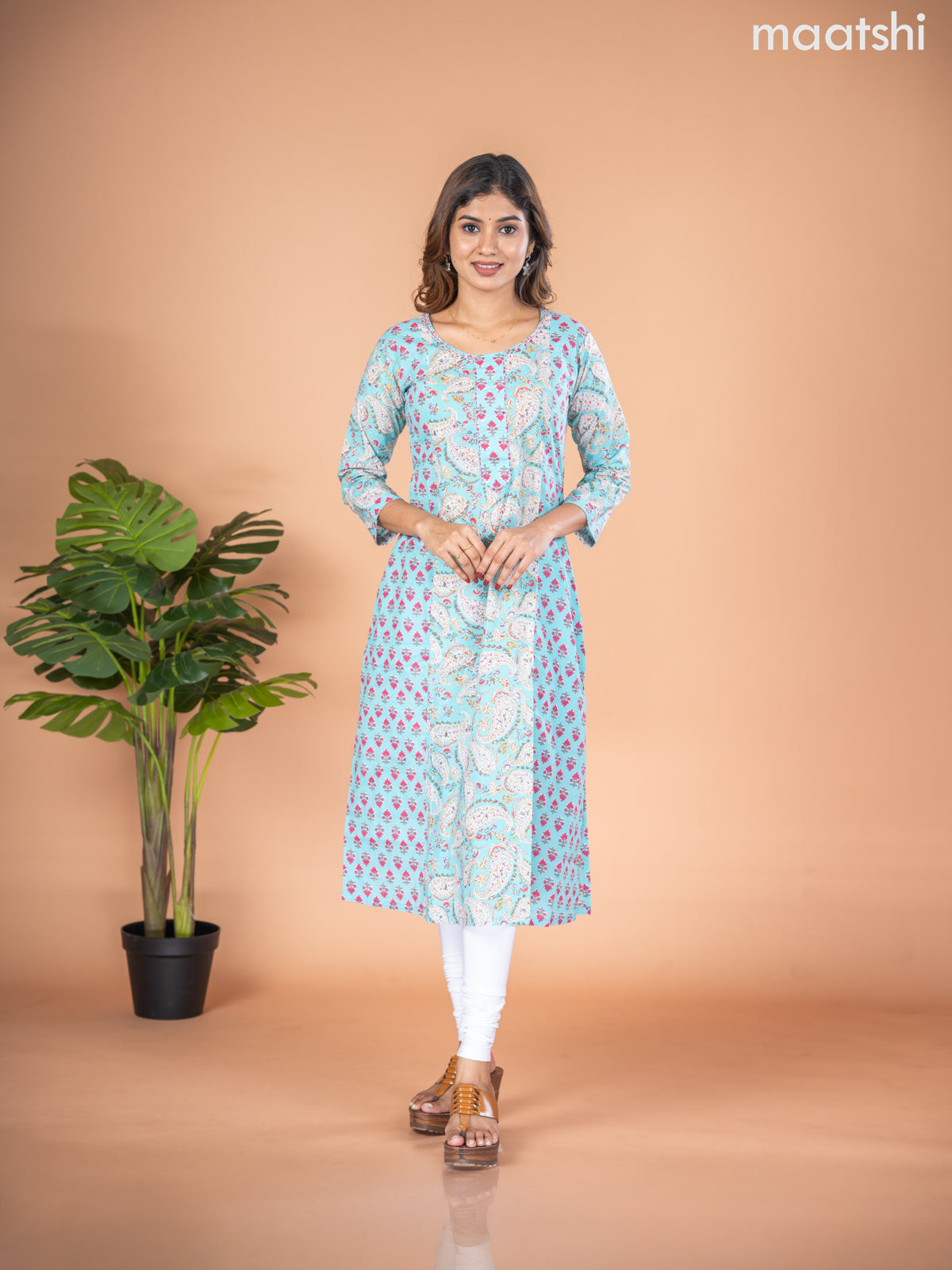 Cotton A-line kurti light blue and off white with allover paisley prints & kantha stitch work neck pattern without pant