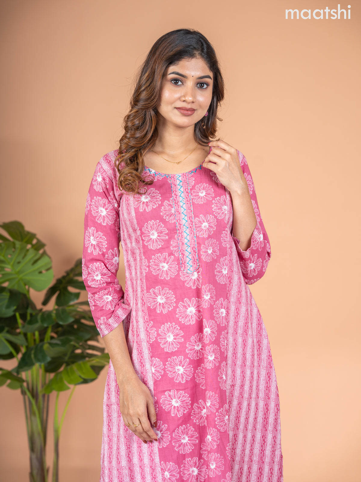 Cotton A-line kurti mauve pink with allover floral butta prints & kantha stitch work neck pattern without pant