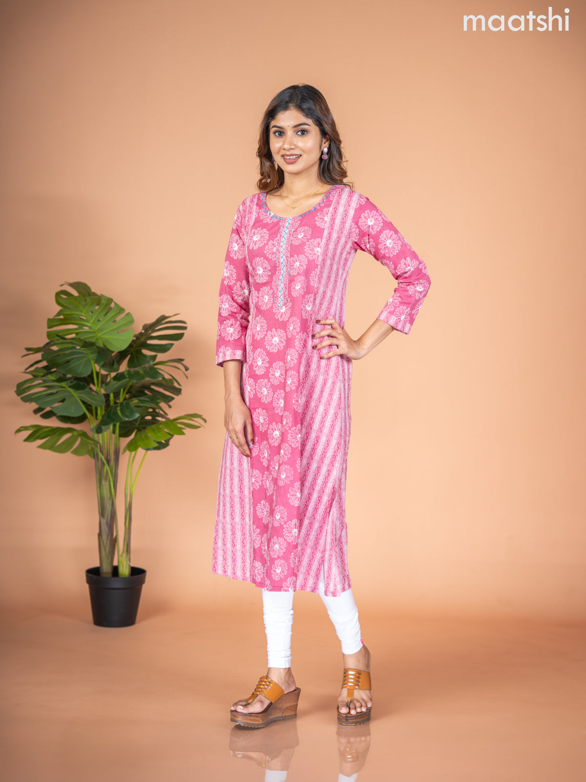 Cotton A-line kurti mauve pink with allover floral butta prints & kantha stitch work neck pattern without pant