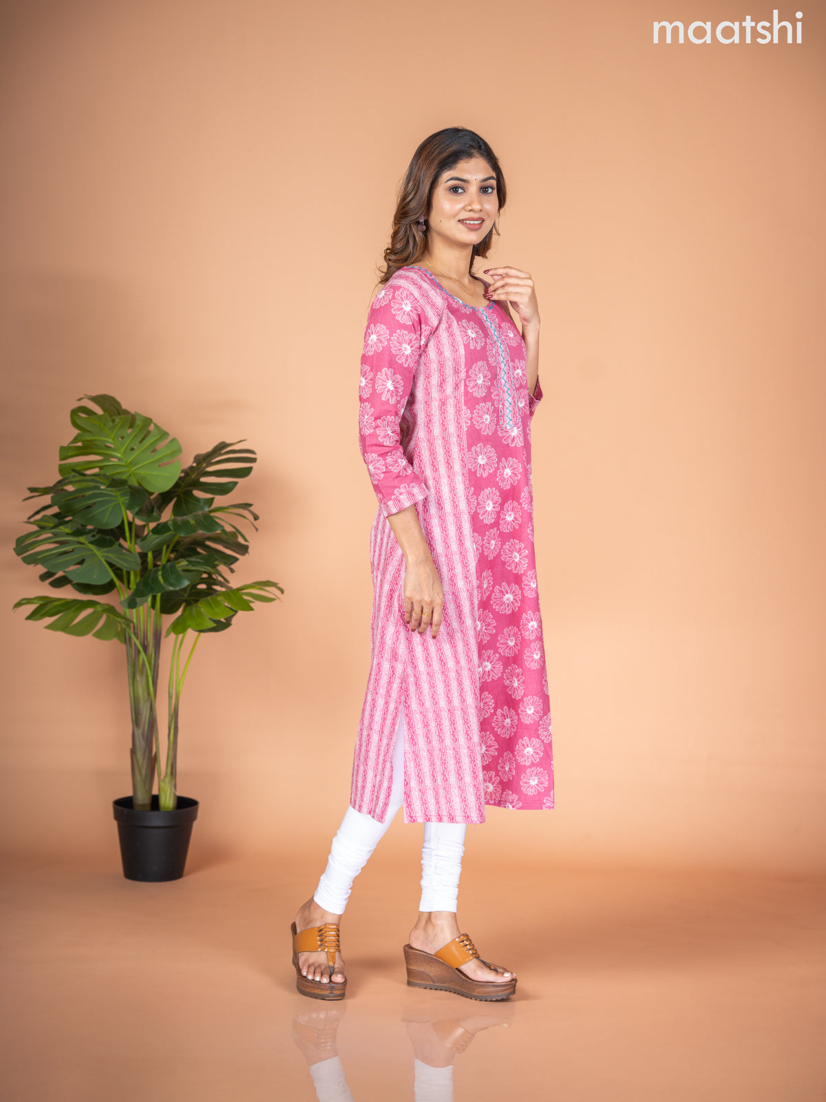 Cotton A-line kurti mauve pink with allover floral butta prints & kantha stitch work neck pattern without pant
