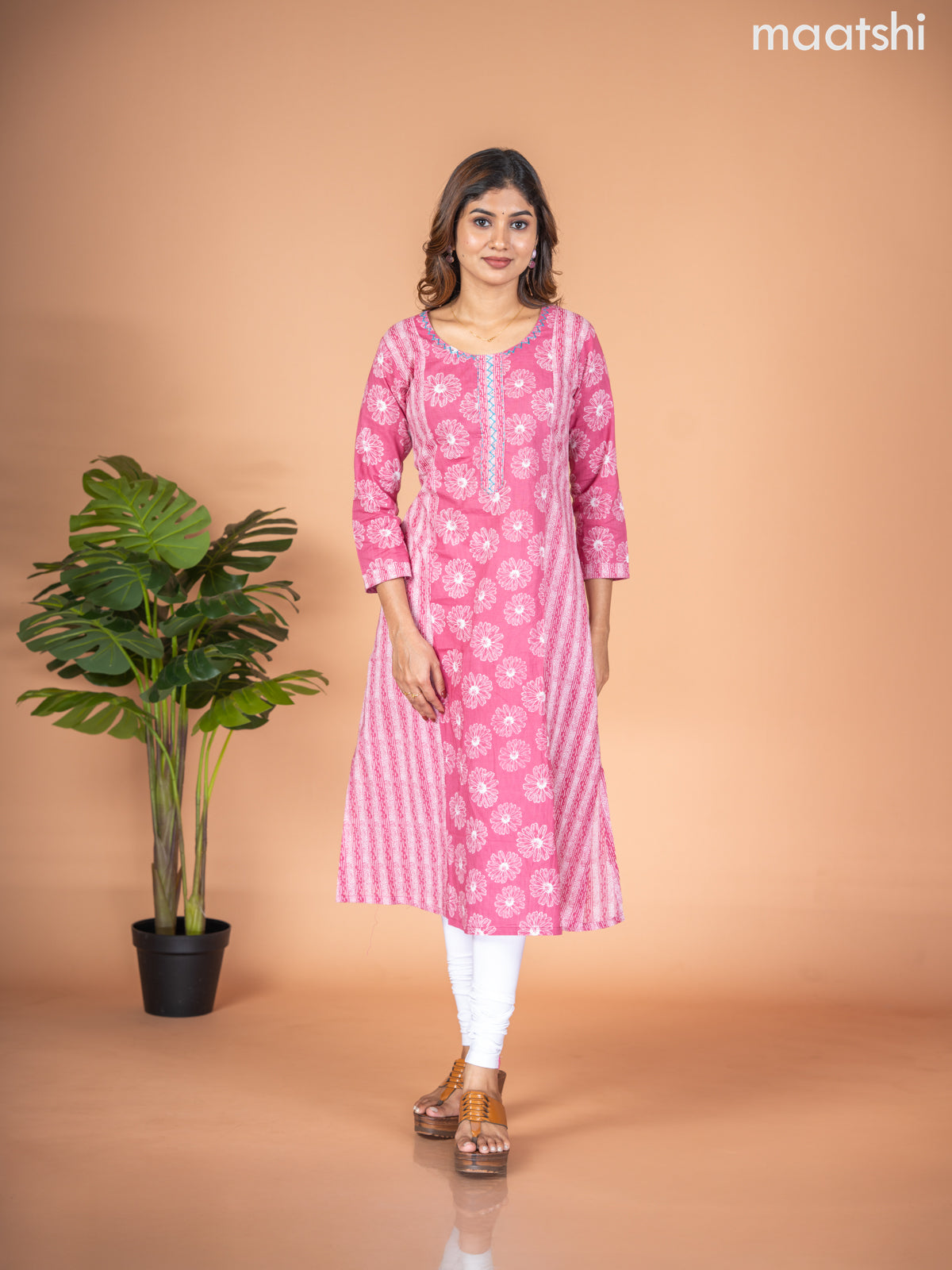 Cotton A-line kurti mauve pink with allover floral butta prints & kantha stitch work neck pattern without pant