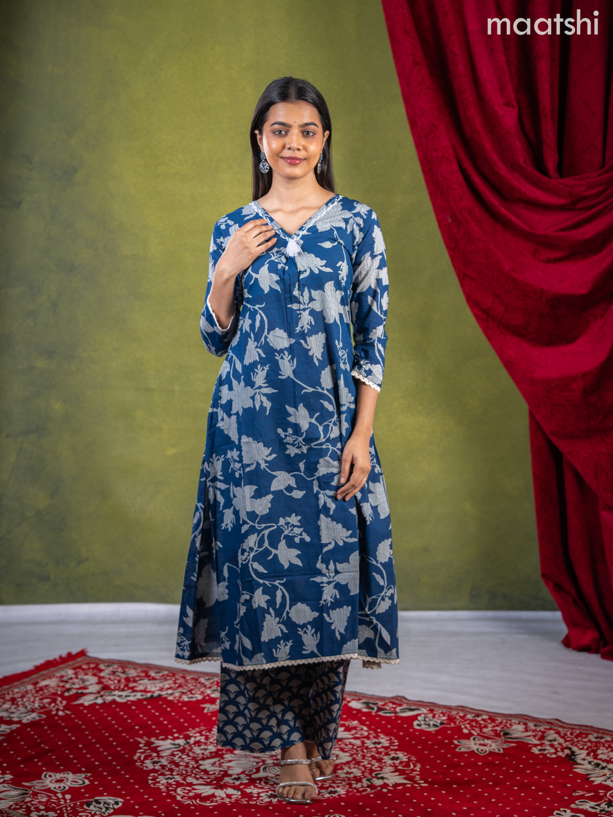 Anarkali cotton kurti set blue with allover prints & beaded embroidery work v neck pattern and straight cut pant
