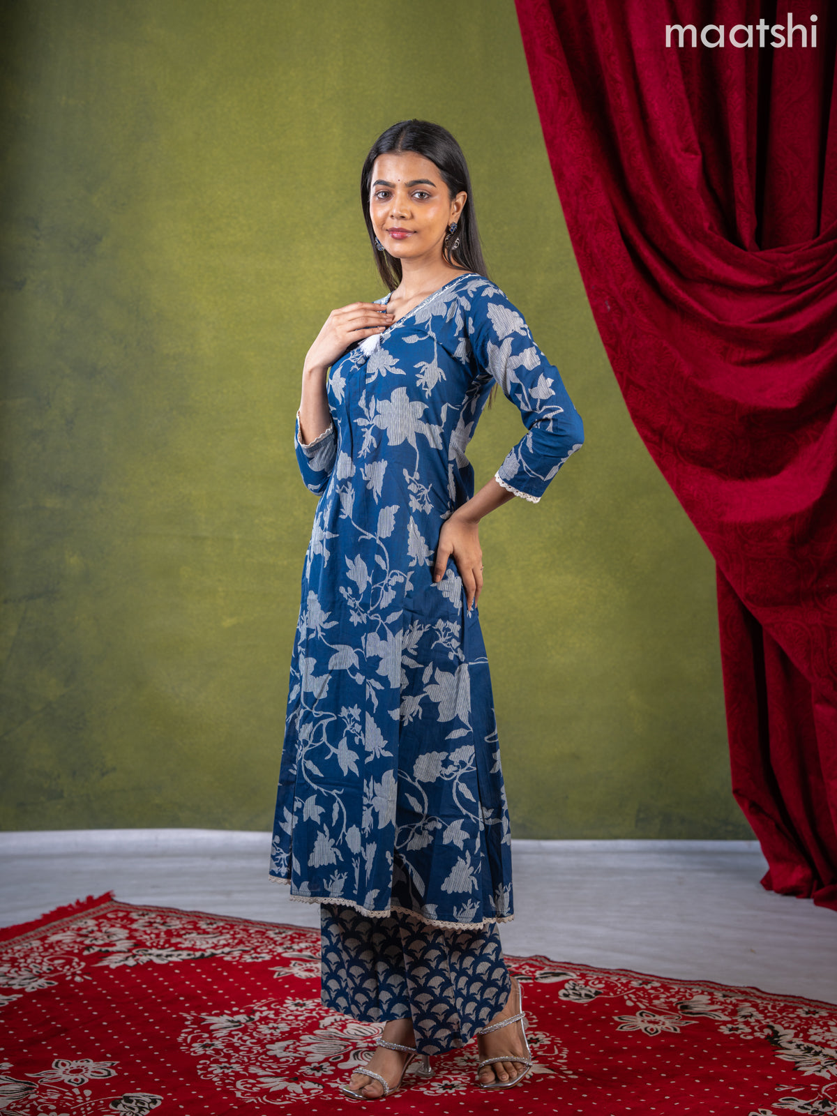Anarkali cotton kurti set blue with allover prints & beaded embroidery work v neck pattern and straight cut pant