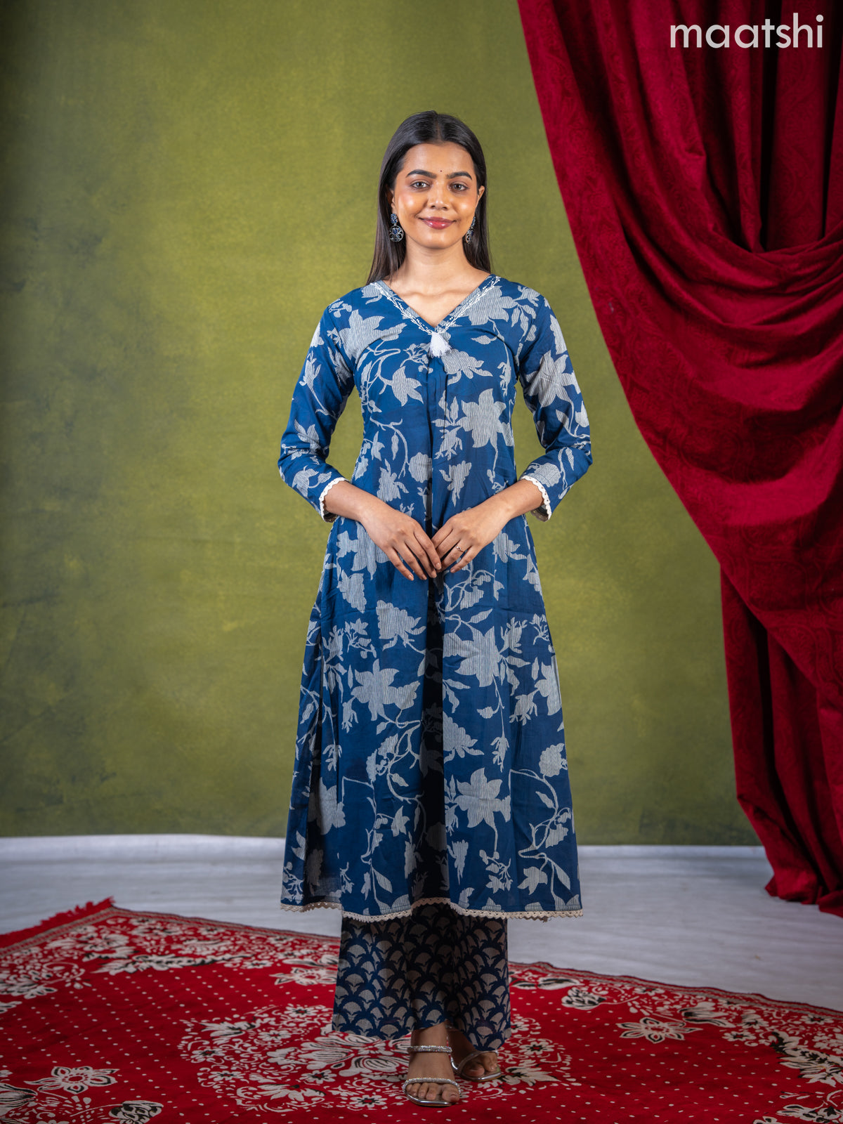 Anarkali cotton kurti set blue with allover prints & beaded embroidery work v neck pattern and straight cut pant