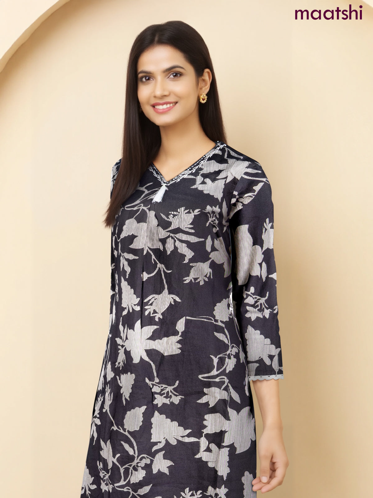 Anarkali cotton kurti set black with allover prints & beaded embroidery work v neck pattern and straight cut pant