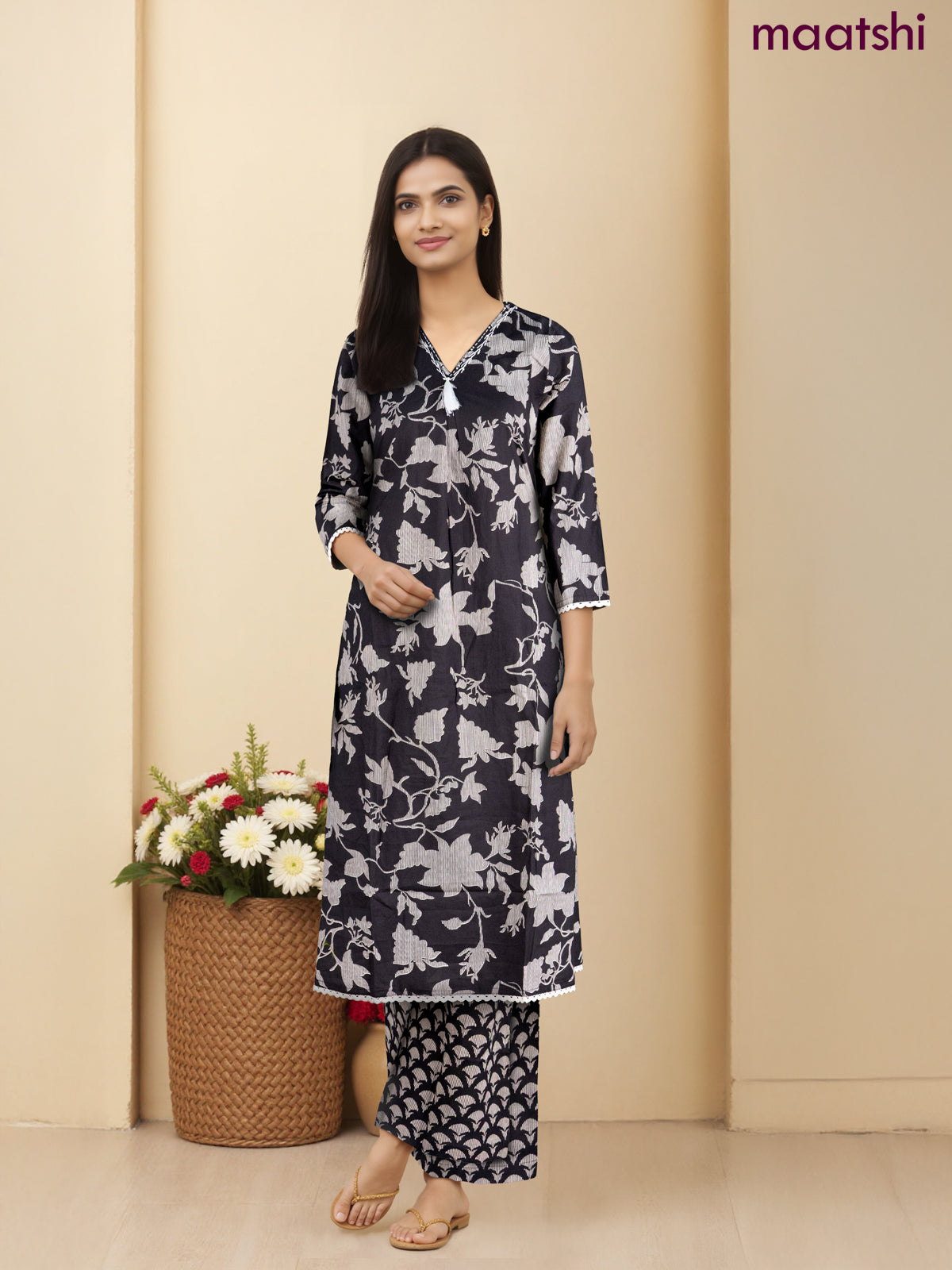 Anarkali cotton kurti set black with allover prints & beaded embroidery work v neck pattern and straight cut pant