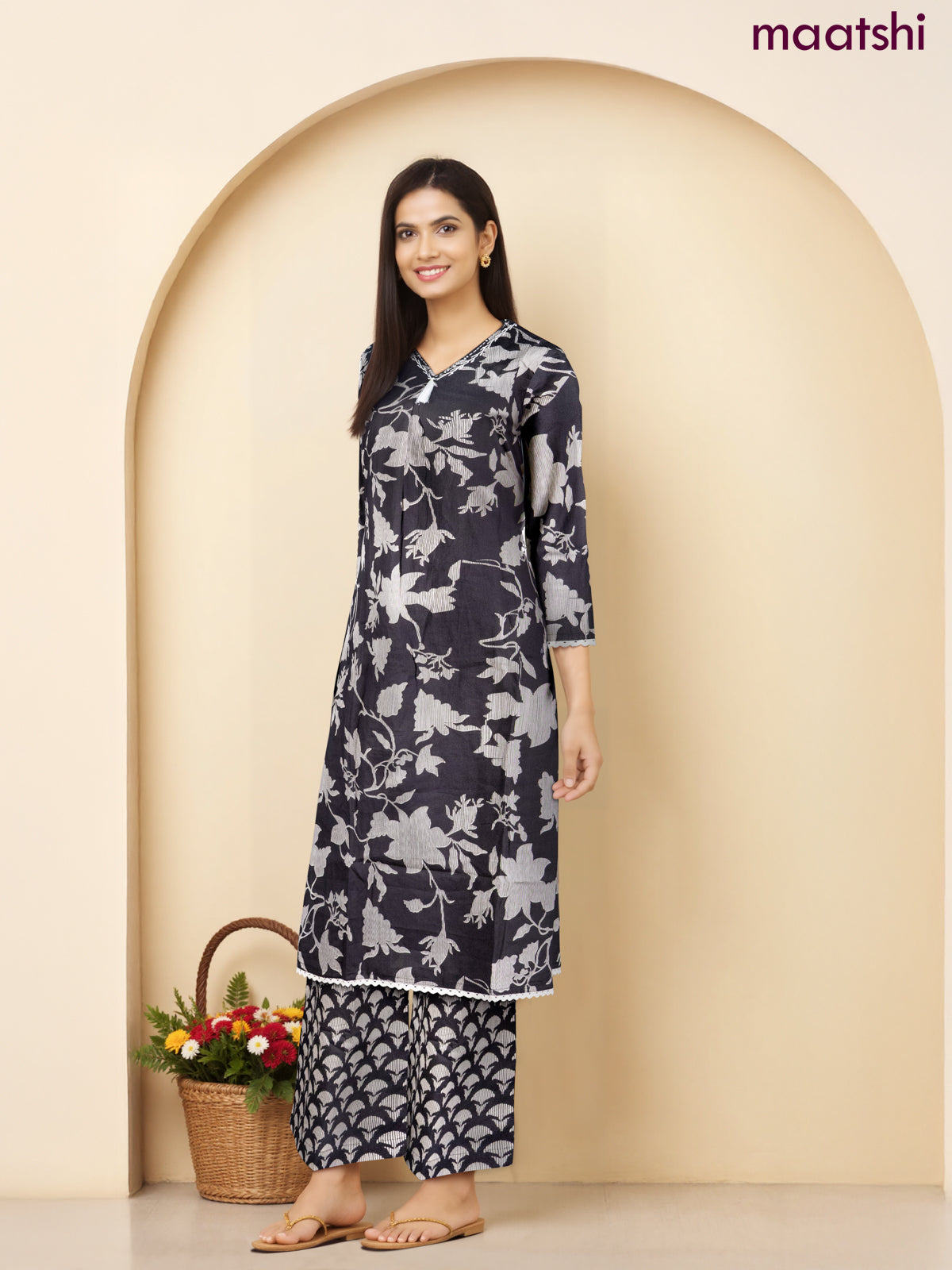 Anarkali cotton kurti set black with allover prints & beaded embroidery work v neck pattern and straight cut pant