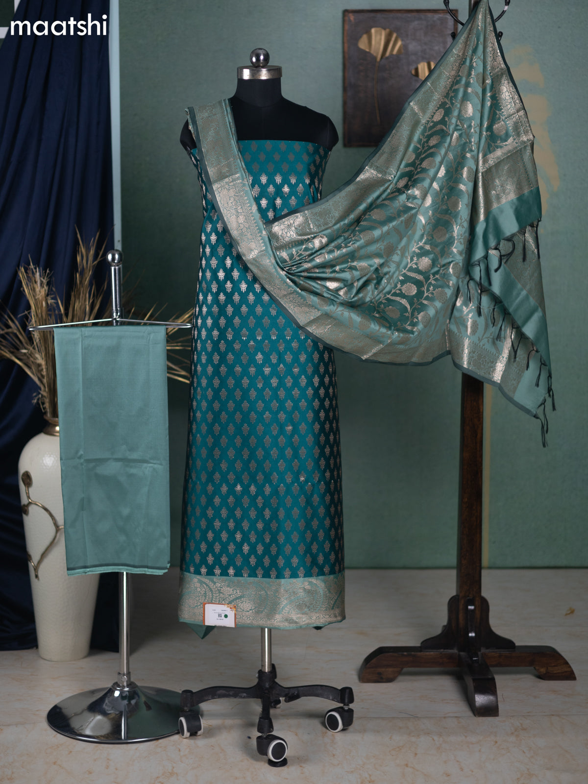 Peacock Green and Teal Green Banarasi Silk Dress Material With Allover   Maatshi