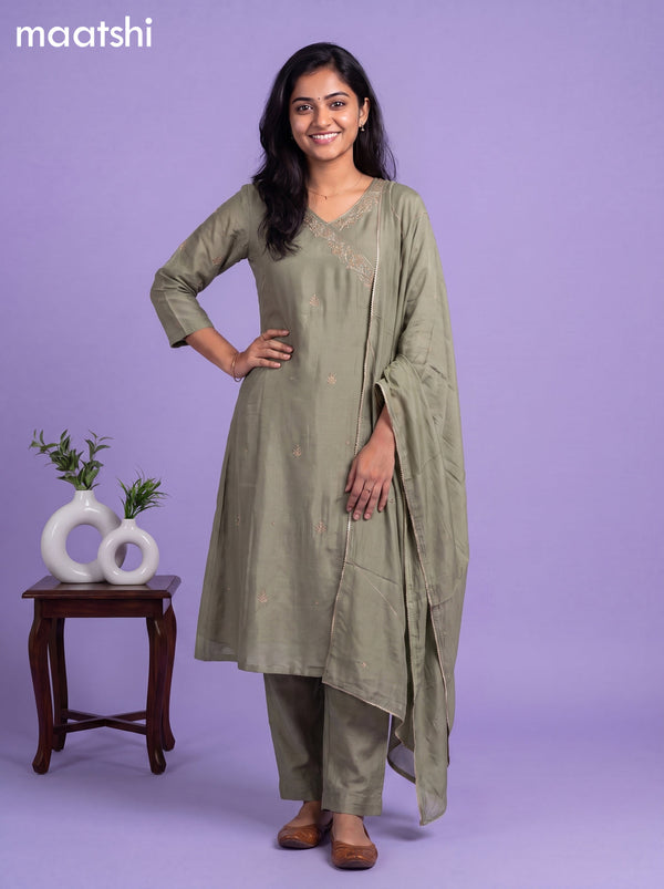 Pastel Green Art Tussar Embroidery Work A-Line Suit