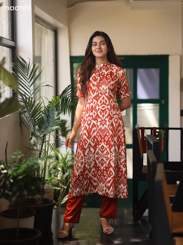 Rust and Cream Muslin Ikat Printed Kurti Set