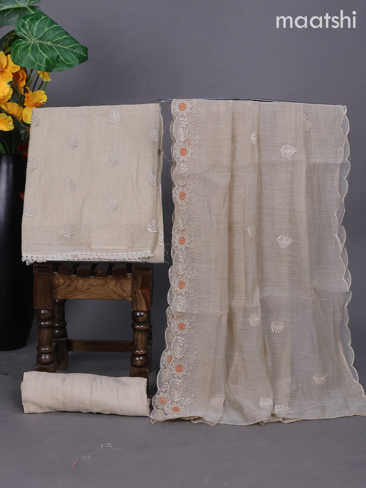 Beige and Peach Orange Shade Linen Dress Material With Embroidery Work Buttas