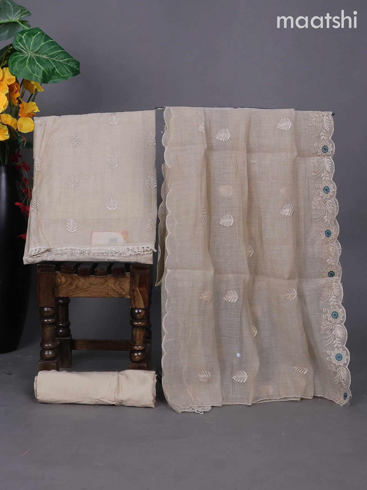 Beige and Teal Green Linen Dress Material With Embroidery Work Buttas